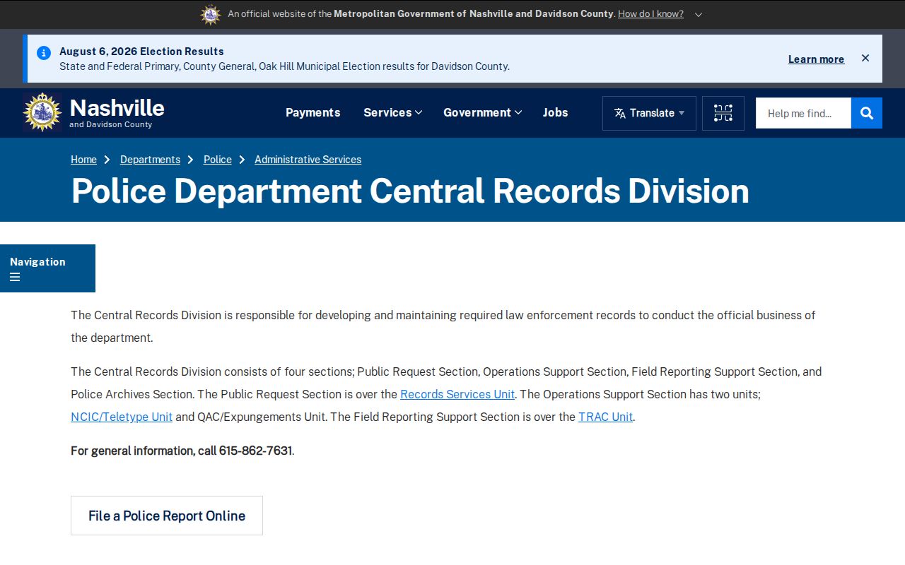 MNPD Central Records services for Davidson County arrest records
