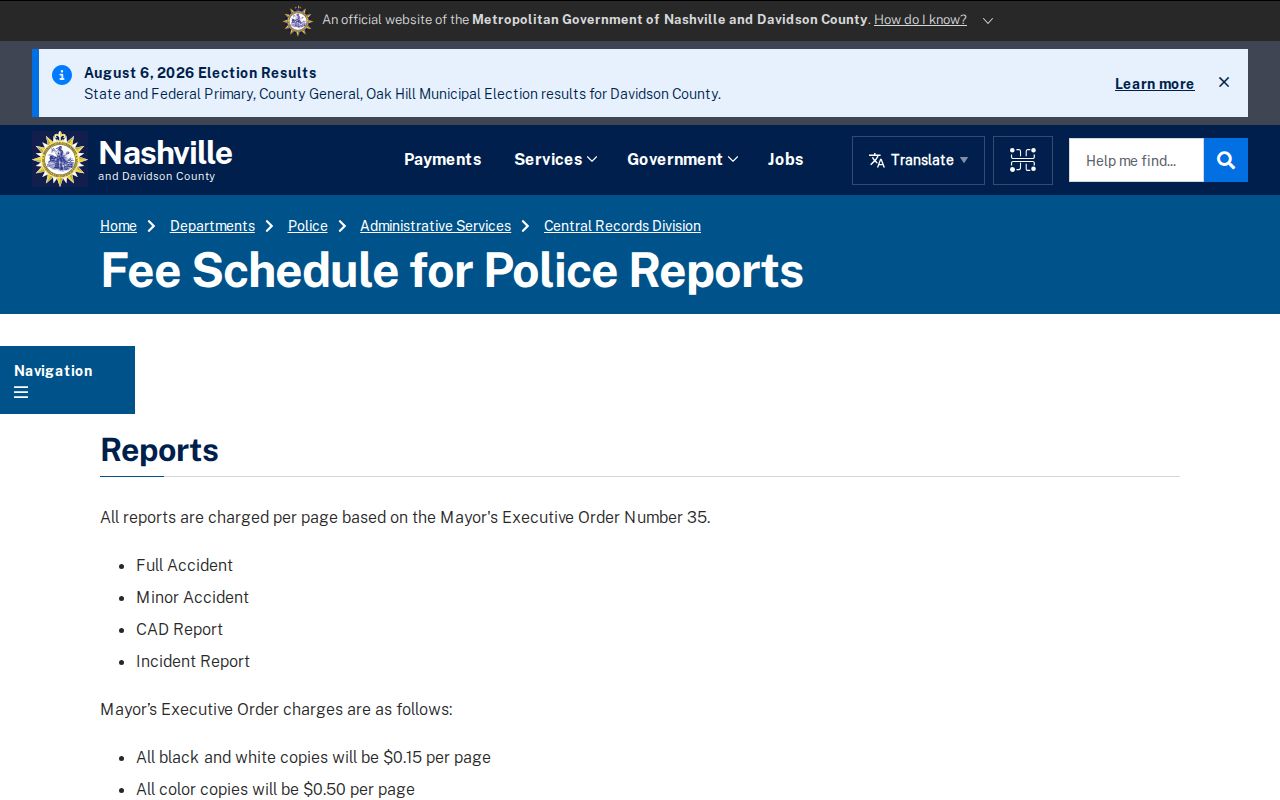 Davidson County arrest check and police report fee schedule
