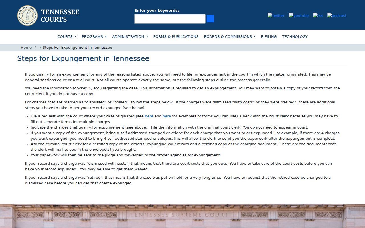 Tennessee judiciary expungement steps for Davidson County criminal court case records