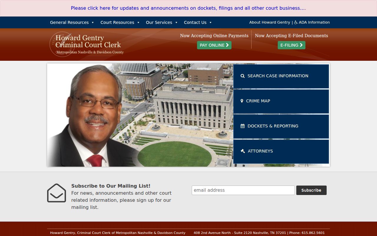 Davidson County criminal history access through the Criminal Court Clerk
