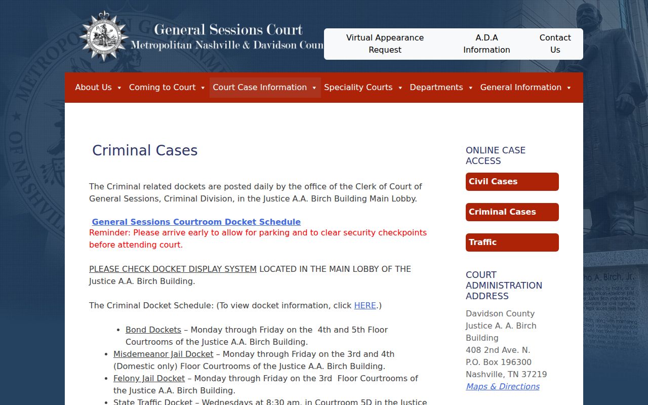 Davidson County criminal court dockets and criminal history records