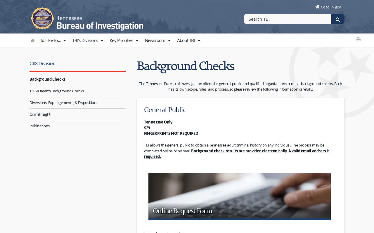 Tennessee TBI background check options for Davidson County criminal history